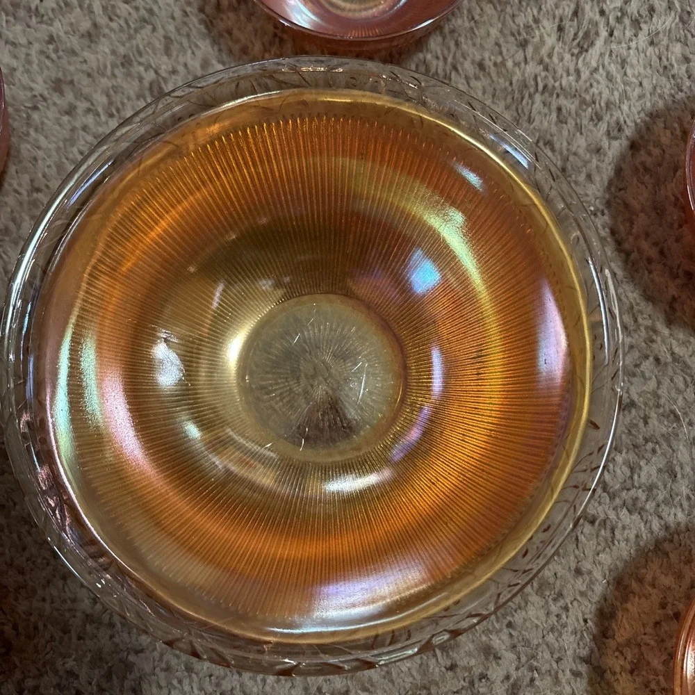 Vintage Carnival Glass Berry Bowl Set Prism & Daisy Ribbed Marigold 7 Piece Set